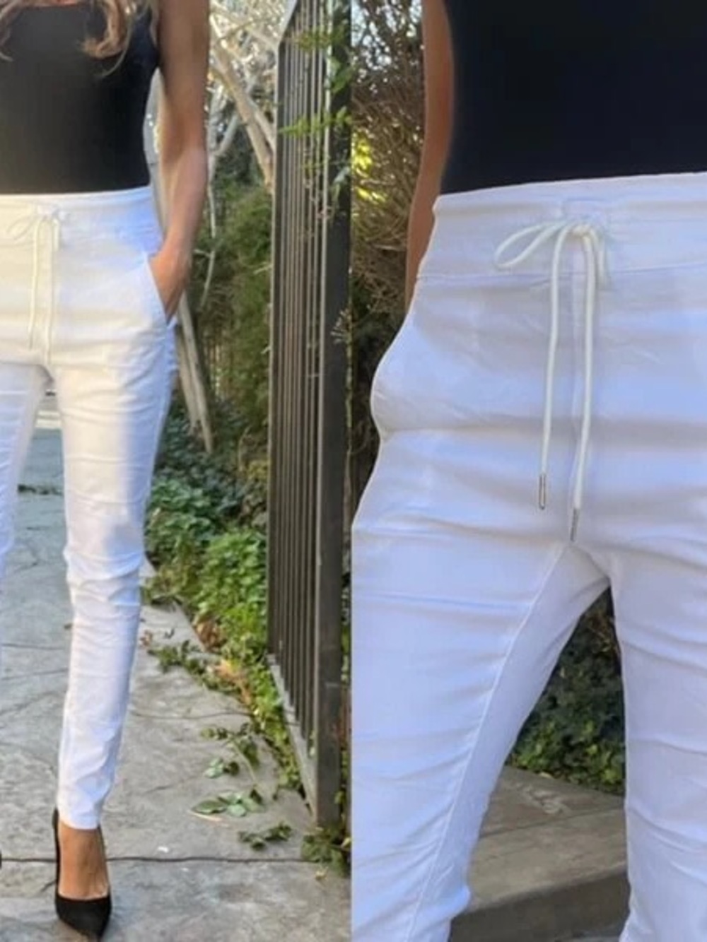 BEVY FLOG Shely White Slim Drawstring Skinny Pants
